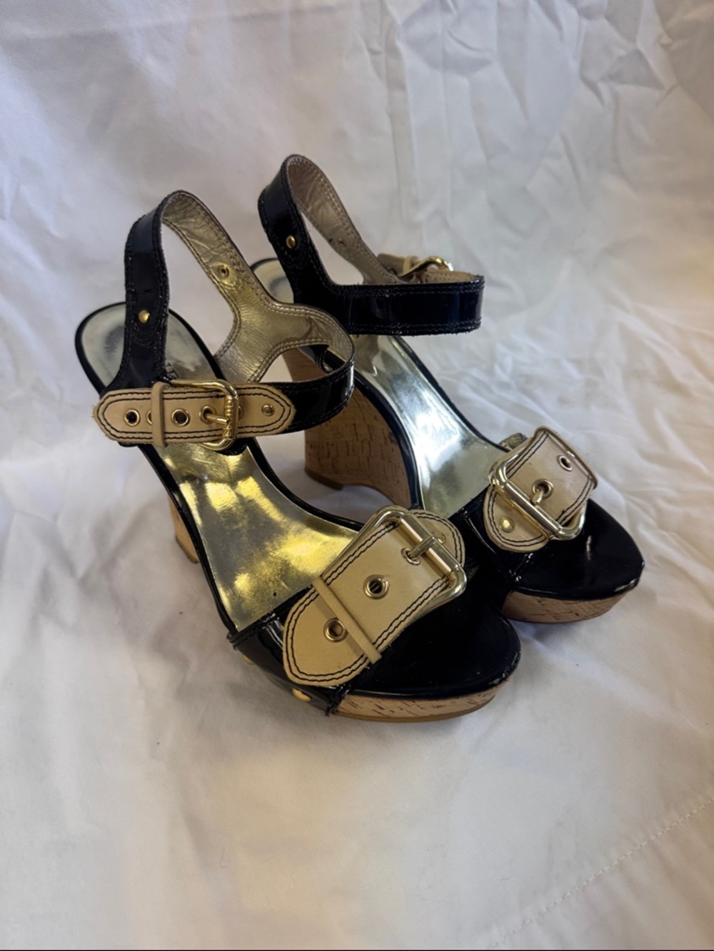 Guess Black Patent and Gold Buckle Platform Heels